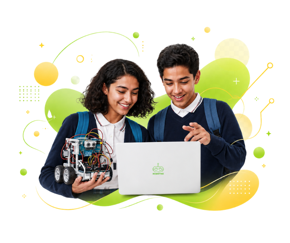 Two students smiling at a laptop while holding a robot they built